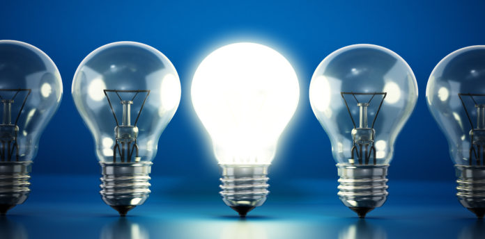 One lit bulb among unlit ones